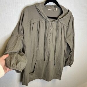 Soft Surroundings Women Olive Green Cotton Gauze Henley Hoodie Top Size Large